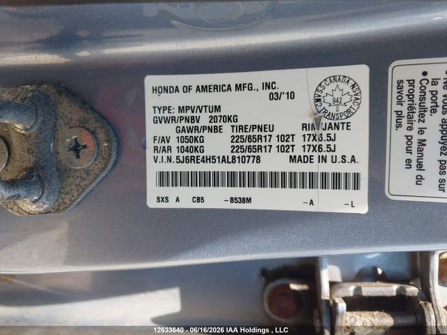 12633640 :رقم المزاد ، 5J6RE4H51AL810778 vin ، 2010 Honda Cr-v مزاد بيع