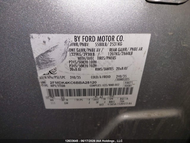 12633645 :رقم المزاد ، 2FMDK4KC6BBA28120 vin ، 2011 Ford Edge Limited مزاد بيع