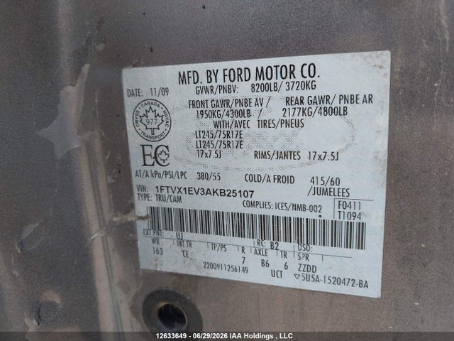 12633649 :رقم المزاد ، 1FTVX1EV3AKB25107 vin ، 2010 Ford F-150 Fx4/lariat/svt Raptor/xl/xlt مزاد بيع