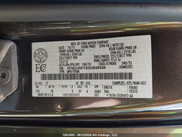 12633653 :رقم المزاد ، 1FMCU0F72GUB26929 vin ، 2016 Ford Escape S مزاد بيع
