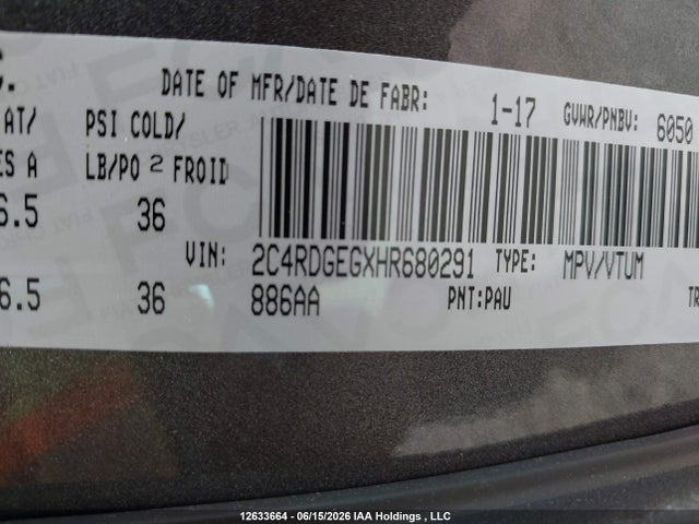 12633664 :رقم المزاد ، 2C4RDGEGXHR680291 vin ، 2017 Dodge Grand Caravan Gt مزاد بيع