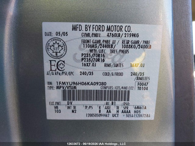 12633672 :رقم المزاد ، 1FMYU96H06KA09380 vin ، 2006 Ford Escape Hybrid مزاد بيع