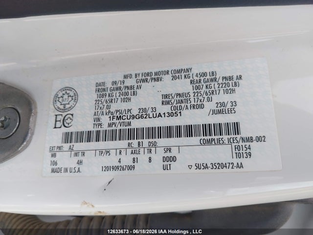 Продаж на аукціоні авто 2020 Ford Escape Se, vin: 1FMCU9G62LUA13051, номер лоту: 12633673