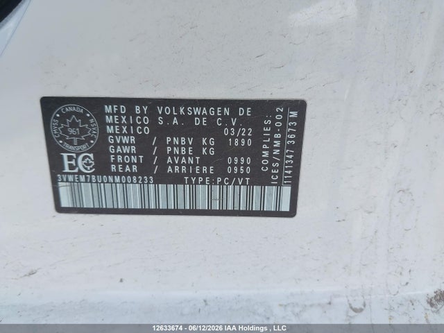 2022 Volkswagen Jetta Comfortline მანქანა იყიდება აუქციონზე, vin: 3VWEM7BU0NM008233, აუქციონის ნომერი: 12633674