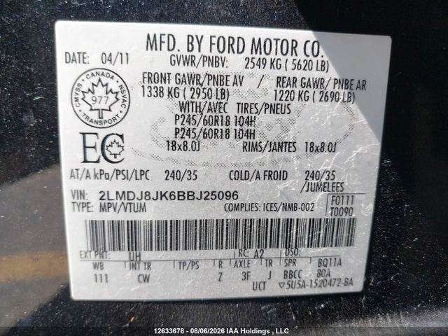 Продажа на аукционе авто 2011 Lincoln Mkx, vin: 2LMDJ8JK6BBJ25096, номер лота: 12633678