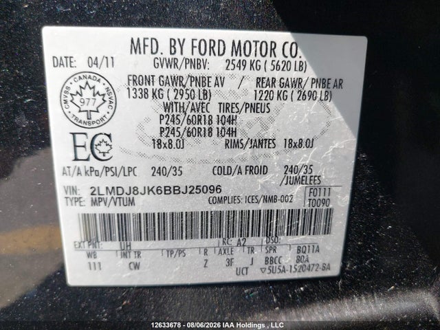 Продажа на аукционе авто 2011 Lincoln Mkx, vin: 2LMDJ8JK6BBJ25096, номер лота: 12633678