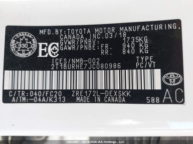 2018 Toyota Corolla L/le/xle/se/xse მანქანა იყიდება აუქციონზე, vin: 2T1BURHE7JC080986, აუქციონის ნომერი: 12633687