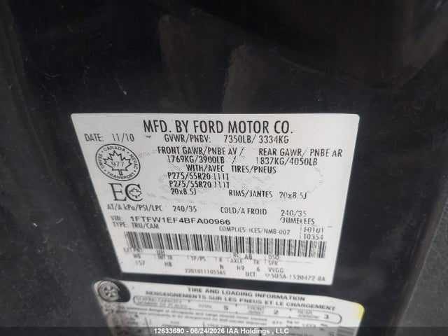 12633690 :رقم المزاد ، 1FTFW1EF4BFA00966 vin ، 2011 Ford F-150 مزاد بيع