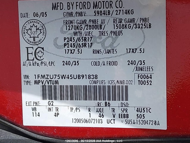 12633696 :رقم المزاد ، 1FMZU75W45UB91838 vin ، 2005 Ford Explorer Limited مزاد بيع