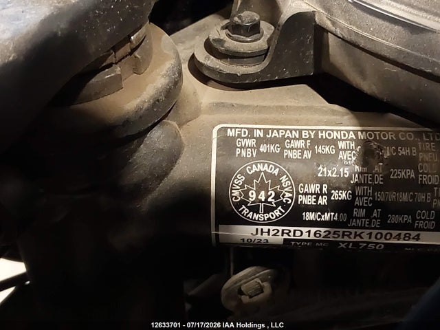 2024 Honda Xl750 მანქანა იყიდება აუქციონზე, vin: JH2RD1625RK100484, აუქციონის ნომერი: 12633701