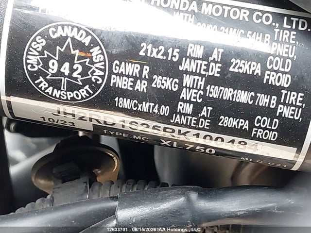 2024 Honda Xl750 მანქანა იყიდება აუქციონზე, vin: JH2RD1625RK100484, აუქციონის ნომერი: 12633701