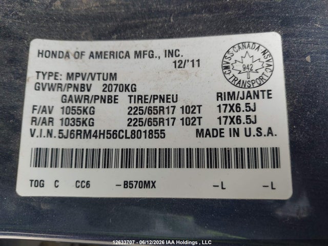2012 Honda Cr-v Ex მანქანა იყიდება აუქციონზე, vin: 5J6RM4H56CL801855, აუქციონის ნომერი: 12633707