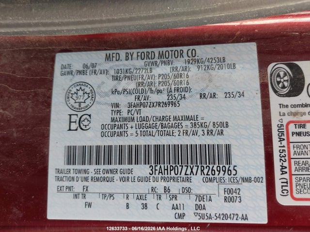 12633733 :رقم المزاد ، 3FAHP07ZX7R269965 vin ، 2007 Ford Fusion Se مزاد بيع