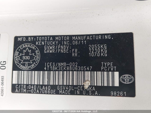 12633738 :رقم المزاد ، 4T1BK3EK8BU630547 vin ، 2011 Toyota Camry Xle V6 مزاد بيع