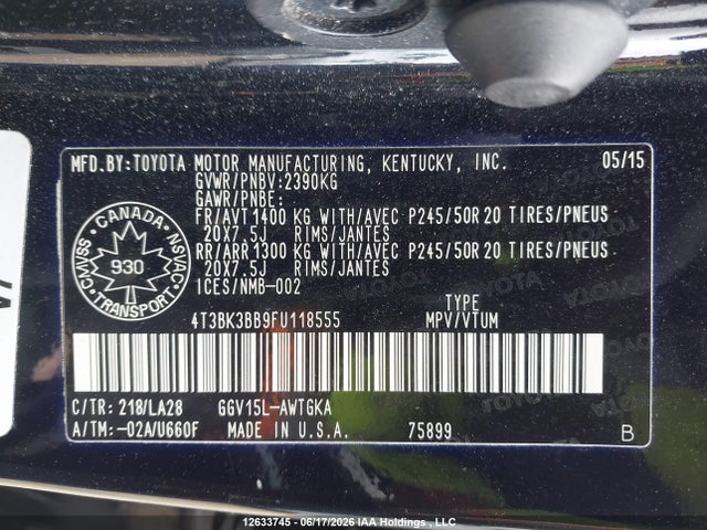 12633745 :رقم المزاد ، 4T3BK3BB9FU118555 vin ، 2015 Toyota Venza Le/xle/limited مزاد بيع