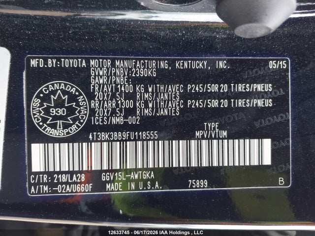 Auction sale of the 2015 Toyota Venza Le/xle/limited, vin: 4T3BK3BB9FU118555, lot number: 12633745