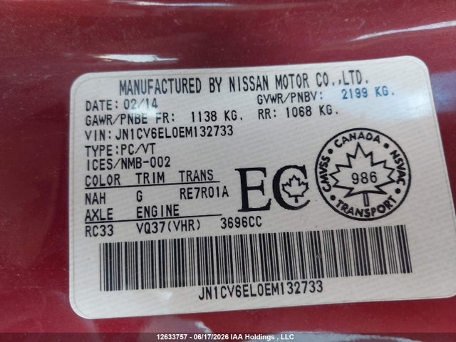 Продаж на аукціоні авто 2014 Infiniti Q60 Premium/sport, vin: JN1CV6EL0EM132733, номер лоту: 12633757