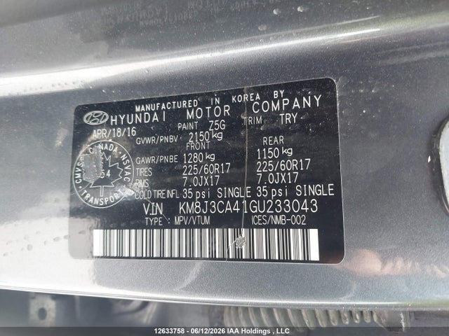 2016 Hyundai Tucson Luxury მანქანა იყიდება აუქციონზე, vin: KM8J3CA41GU233043, აუქციონის ნომერი: 12633758