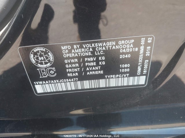 Продаж на аукціоні авто 2018 Volkswagen Passat 2.0 Tsi Trendline+, vin: 1VWAA7A3XJC034477, номер лоту: 12633770