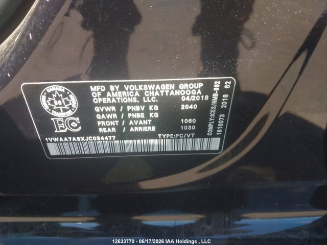 Продаж на аукціоні авто 2018 Volkswagen Passat 2.0 Tsi Trendline+, vin: 1VWAA7A3XJC034477, номер лоту: 12633770
