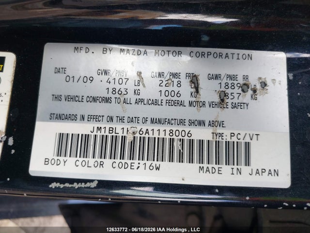 12633772 :رقم المزاد ، JM1BL1H56A1118006 vin ، 2010 Mazda 3 S مزاد بيع