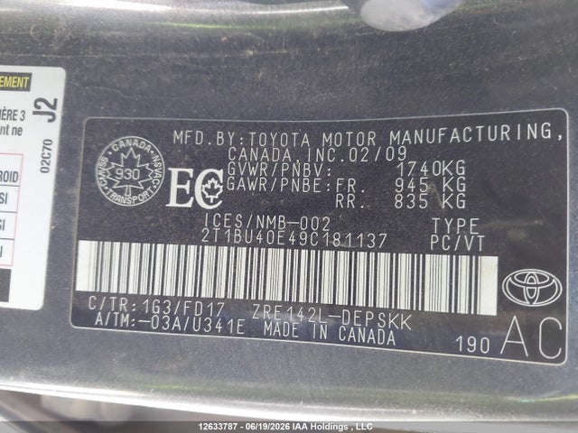 12633787 :رقم المزاد ، 2T1BU40E49C181137 vin ، 2009 Toyota Corolla S/le/xle مزاد بيع