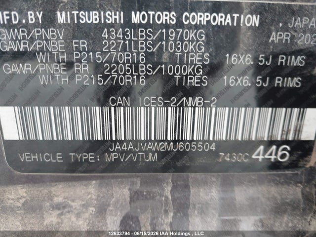 Aukcja sprzedaży 2021 Mitsubishi Rvr Gt/le/se/sel, vin: JA4AJVAW2MU605504, numer aukcji: 12633794