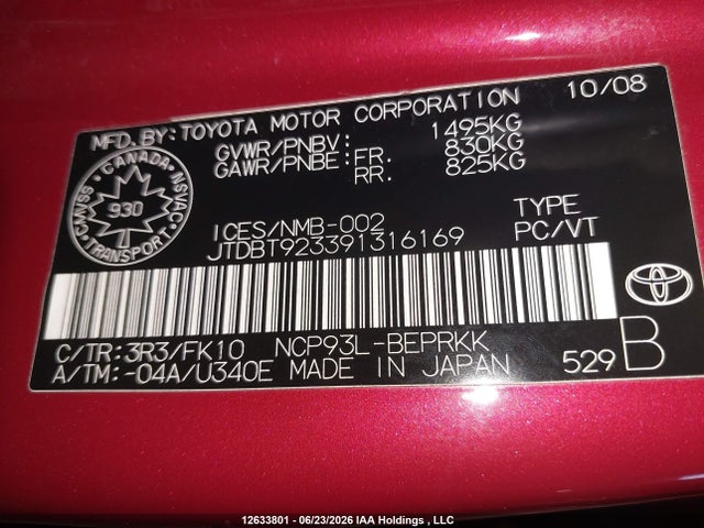 Продаж на аукціоні авто 2009 Toyota Yaris, vin: JTDBT923391316169, номер лоту: 12633801