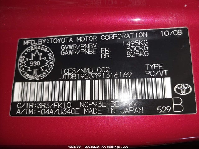 Продаж на аукціоні авто 2009 Toyota Yaris, vin: JTDBT923391316169, номер лоту: 12633801