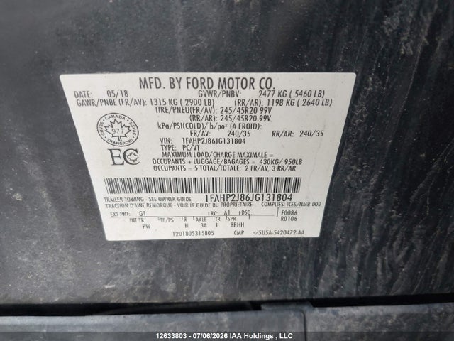 2018 Ford Taurus მანქანა იყიდება აუქციონზე, vin: 1FAHP2J86JG131804, აუქციონის ნომერი: 12633803