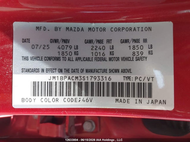 12633804 :رقم المزاد ، JM1BPACM3S1793316 vin ، 2025 Mazda 3 Preferred مزاد بيع