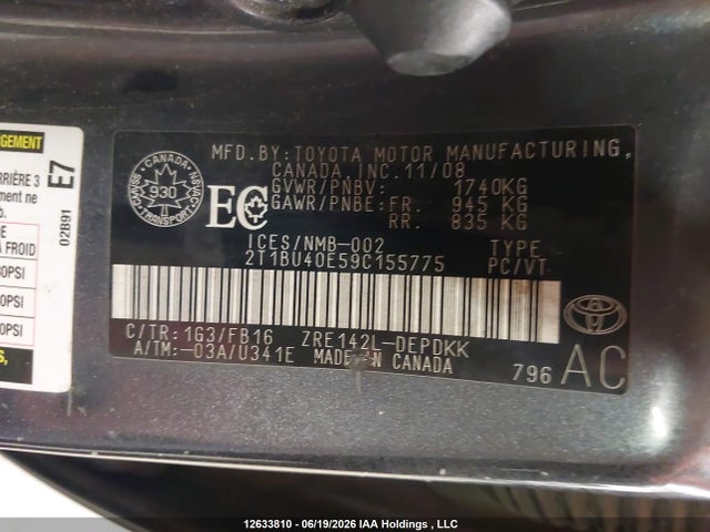 Aukcja sprzedaży 2009 Toyota Corolla, vin: 2T1BU40E59C155775, numer aukcji: 12633810
