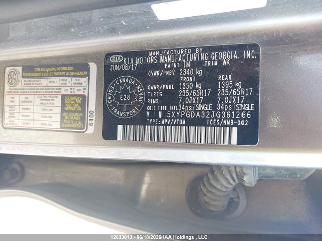 5XYPGDA32JG361266 KIA Sorento Lx/l
