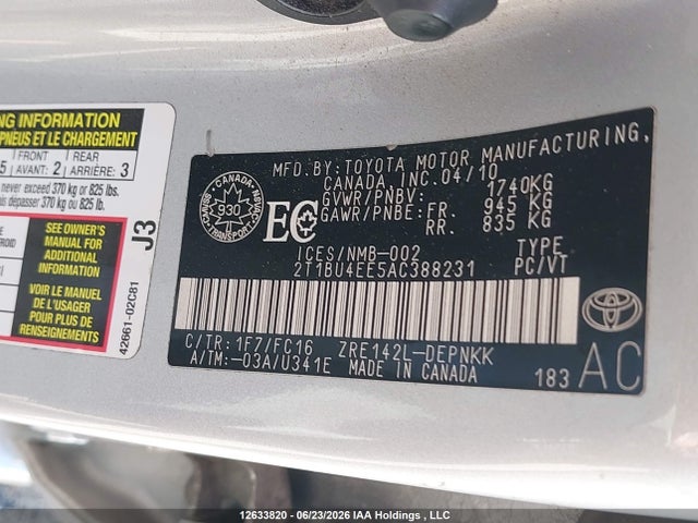 2010 Toyota Corolla S/le/xle მანქანა იყიდება აუქციონზე, vin: 2T1BU4EE5AC388231, აუქციონის ნომერი: 12633820