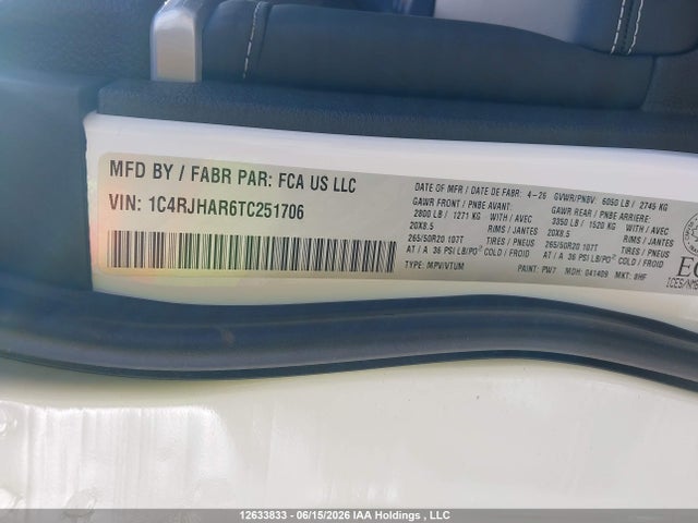 12633833 :رقم المزاد ، 1C4RJHAR6TC251706 vin ، 2026 Jeep Grand Cherokee Laredo مزاد بيع