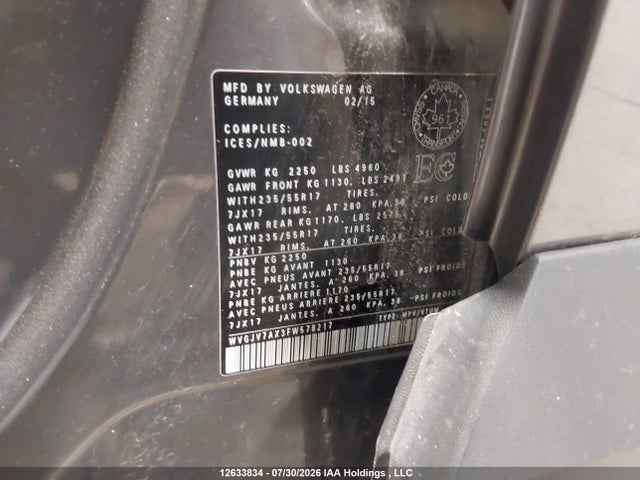 Продаж на аукціоні авто 2015 Volkswagen Tiguan S/se/sel/r-line, vin: WVGJV7AX3FW578217, номер лоту: 12633834