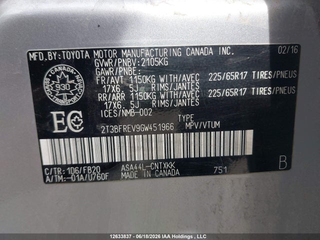 2016 Toyota Rav4 Le მანქანა იყიდება აუქციონზე, vin: 2T3BFREV9GW451966, აუქციონის ნომერი: 12633837