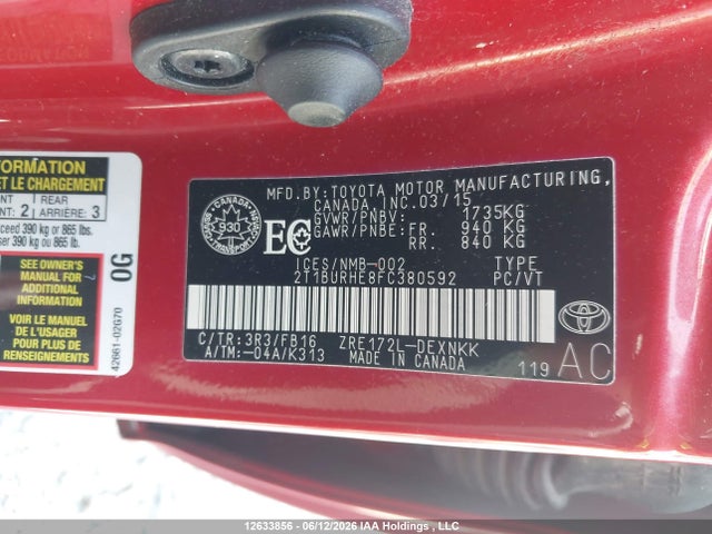 12633856 :رقم المزاد ، 2T1BURHE8FC380592 vin ، 2015 Toyota Corolla L/le/le Pls/prm/s/s Pls مزاد بيع