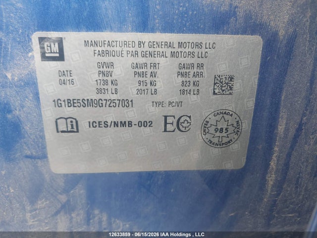 Продаж на аукціоні авто 2016 Chevrolet Cruze Lt, vin: 1G1BE5SM9G7257031, номер лоту: 12633859