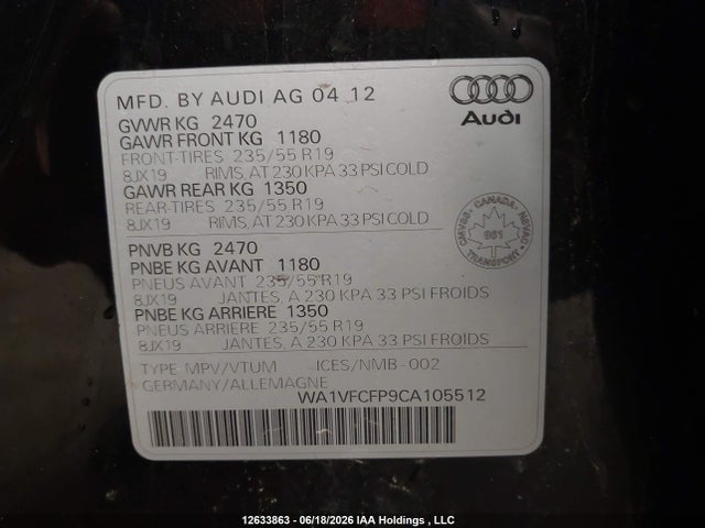 Продажа на аукционе авто 2012 Audi Q5 2.0t Premium Plus, vin: WA1VFCFP9CA105512, номер лота: 12633863