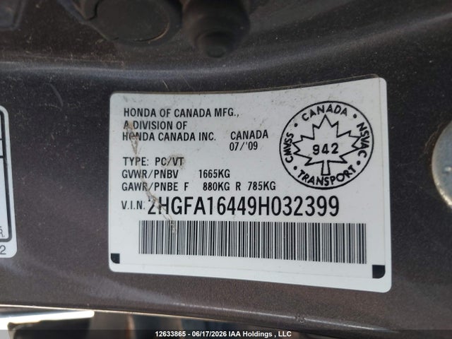 12633865 :رقم المزاد ، 2HGFA16449H032399 vin ، 2009 Honda Civic Dx-g مزاد بيع