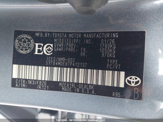 5YFB4MDE8TP412137 Toyota COROLLA LE