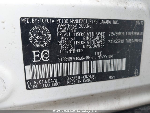 12633871 :رقم المزاد ، 2T3R1RFV1KW041845 vin ، 2019 Toyota Rav4 Xle مزاد بيع