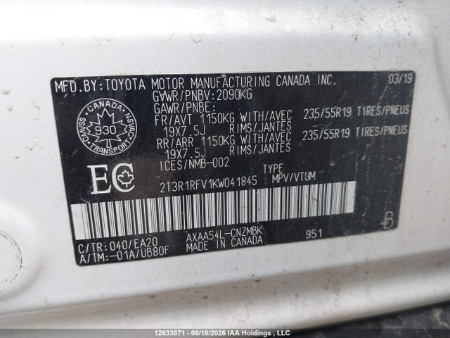 12633871 :رقم المزاد ، 2T3R1RFV1KW041845 vin ، 2019 Toyota Rav4 Xle مزاد بيع