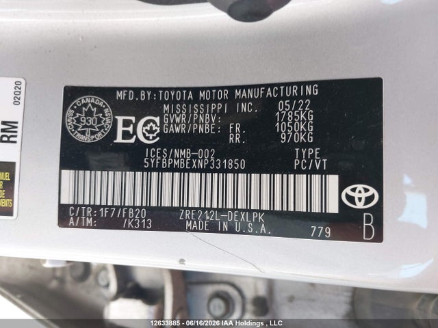 Продажа на аукционе авто 2022 Toyota Corolla, vin: 5YFBPMBEXNP331850, номер лота: 12633885