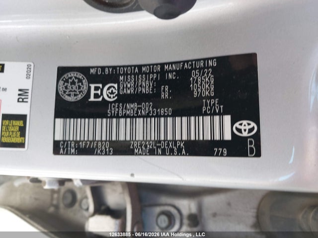 Продажа на аукционе авто 2022 Toyota Corolla, vin: 5YFBPMBEXNP331850, номер лота: 12633885