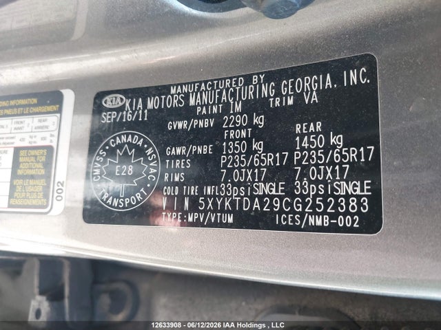 2012 Kia Sorento მანქანა იყიდება აუქციონზე, vin: 5XYKTDA29CG252383, აუქციონის ნომერი: 12633908