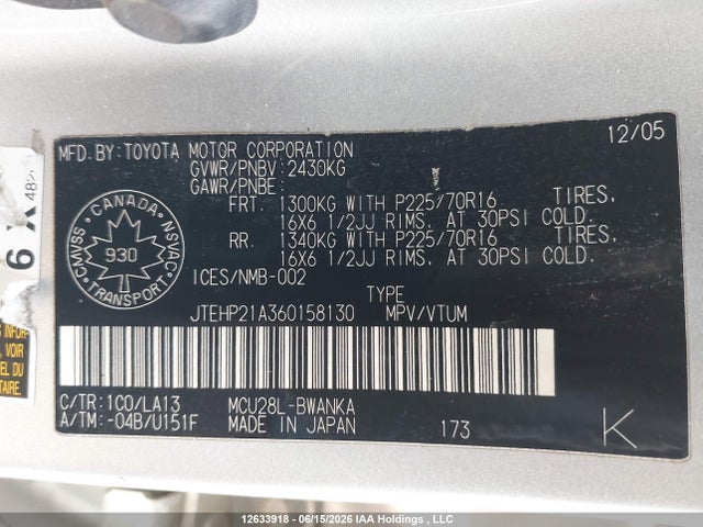 2006 Toyota Highlander Limited მანქანა იყიდება აუქციონზე, vin: JTEHP21A360158130, აუქციონის ნომერი: 12633918