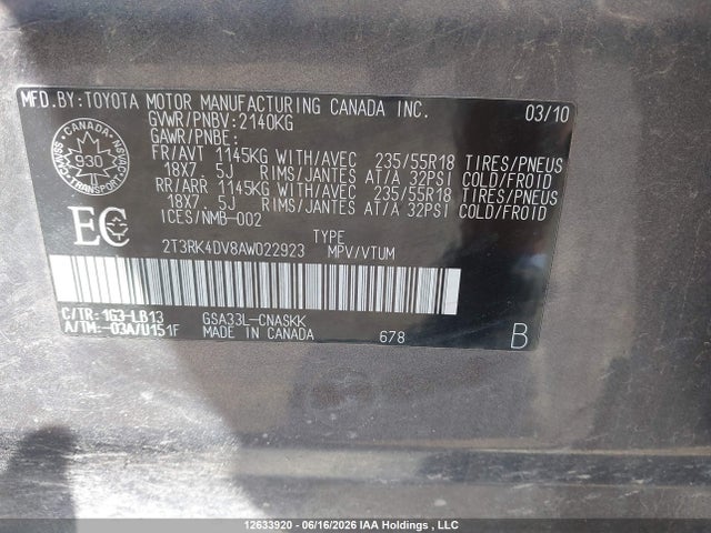 Aukcja sprzedaży 2010 Toyota Rav4 Sport, vin: 2T3RK4DV8AW022923, numer aukcji: 12633920