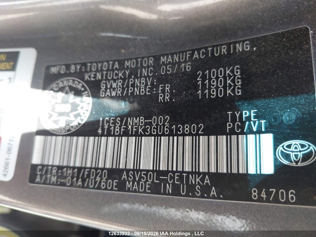 12633932 :رقم المزاد ، 4T1BF1FK3GU613802 vin ، 2016 Toyota Camry Le مزاد بيع